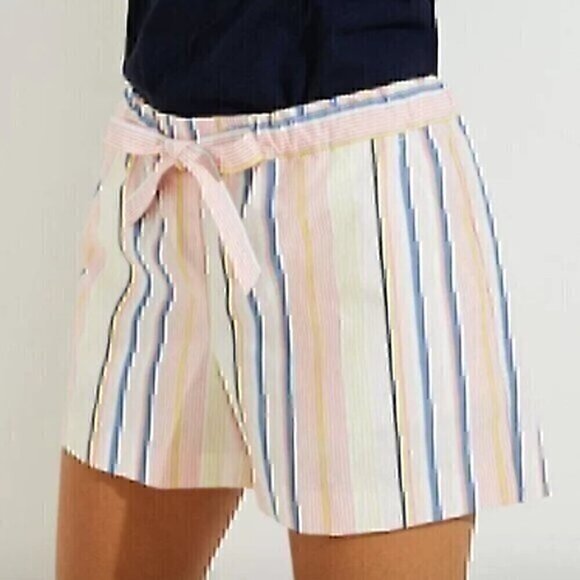 ANN TAYLOR LOFT Striped Tie Waist Shorts Pink White Blue 100% Cotton Boho Small - Picture 1 of 11
